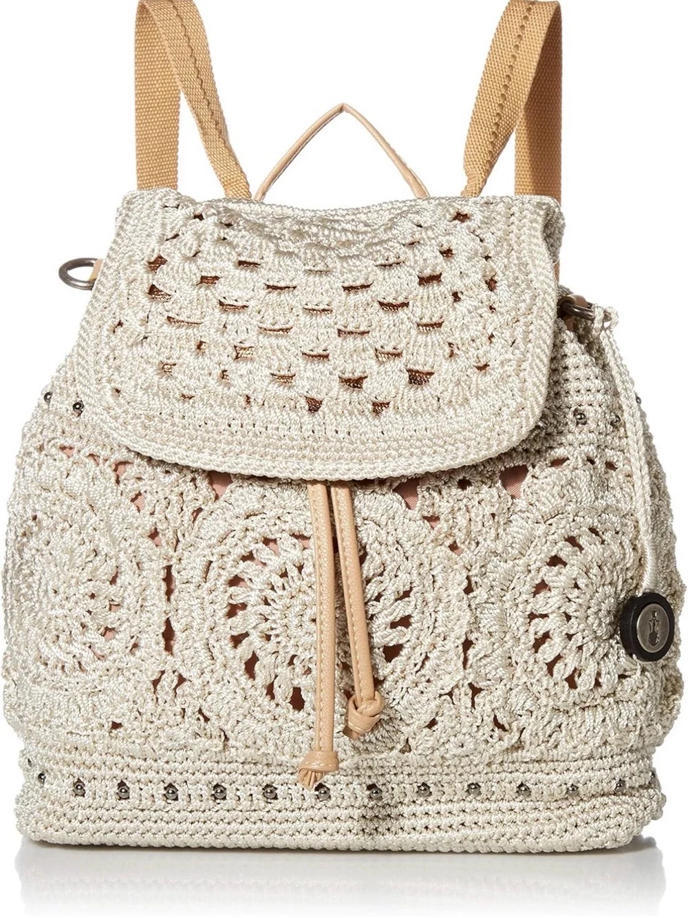The Sak Crochet-Style Backpack in Light Beige with Tan Handle